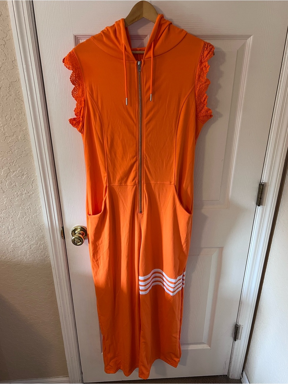 OYROSY Orange Retro Sporty Hooded Jumpsuit Sleeveless Lace Trim Wide Leg